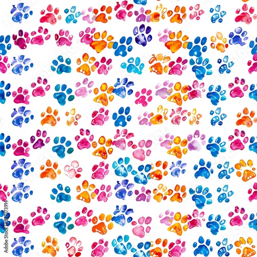 Delightful arrangement of colorful paw prints on a white background, ideal for children's book illustrations or playful fabric designs