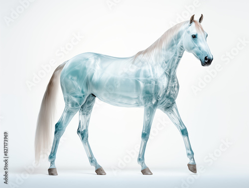 A Horse With A Semi-transparent Skeleton Showcasing A Detailed, Glowing Skeletal Structure On A Clean Pastel Light And White Isolated Background For Commercial Photograph