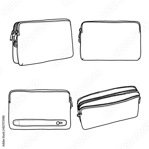 Technical sketch drawing vector Illustration of clutch bag line art, suitable for your custom men's bag design, outline vector doodle illustration, isometric, front  and rear view isolated on white 
