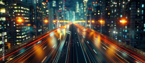 Trail lights from highway and light reflection from buildings in mega city at night. © Passtudio