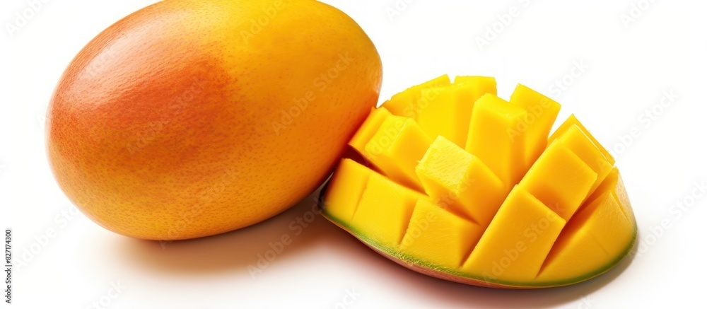 mango fruit with half slice isolated white background