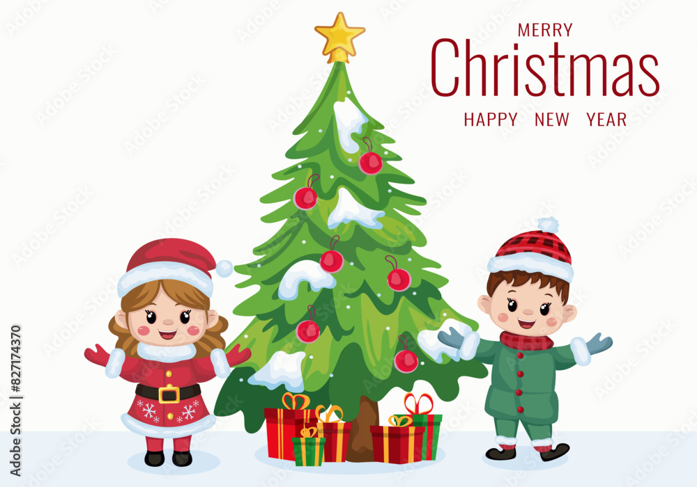Greeting card with cute kids in Christmas costumes, dressed up Christmas tree and presents Holiday characters in winter season. Christmas, New Year. Vector. Greeting card. Greeting card with cute kids in Christmas costumes, dressed up Christmas tree and presents Holiday characters in winter season. Christmas, New Year. Vector. Greeting card.