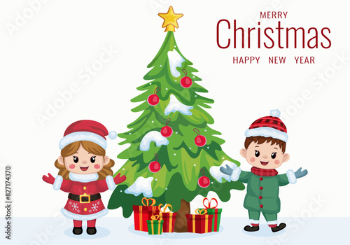 Greeting card with cute kids in Christmas costumes, dressed up Christmas tree and presents Holiday characters in winter season. Christmas, New Year. Vector. Greeting card. © Kamila