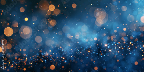 Festive bokeh lights with golden and blue hues creating a magical and celebratory atmosphere with shimmering orbs and soft focus 