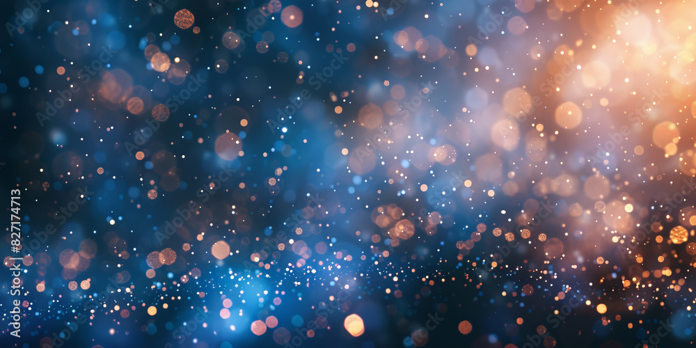 Festive bokeh lights with golden and blue hues creating a magical and celebratory atmosphere with shimmering orbs and soft focus
