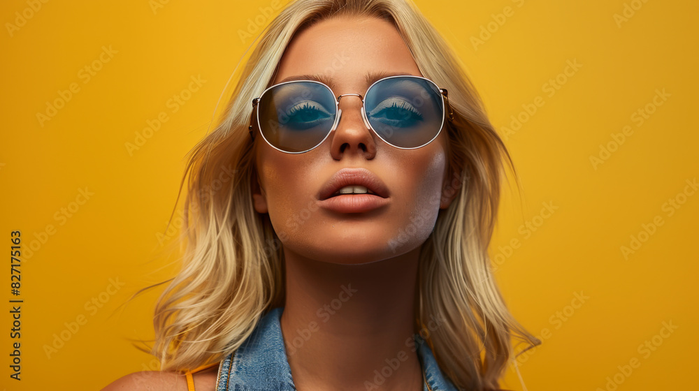Close-up of a stylish woman in sunglasses walking on a yellow background. Beautiful model posing outdoors. Beauty and fashion concept. Close-up of a stylish woman in sunglasses walking on a yellow background. Beautiful model posing outdoors. Beauty and fashion concept.