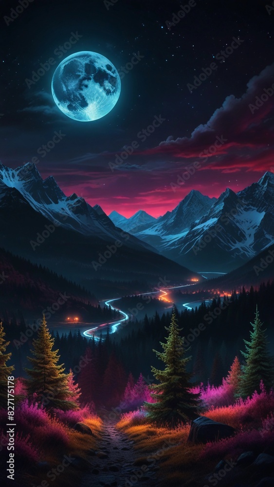 illustration of mountains with beautiful moon