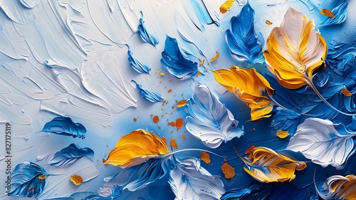 Abstract painting background, thick texture of white blue and yellow paint leaf details