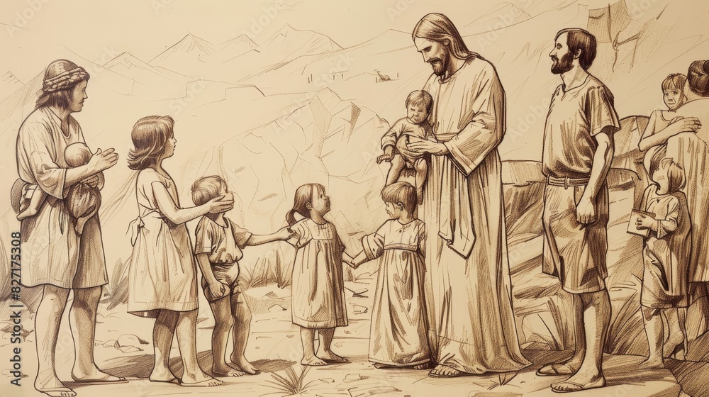 Fototapeta premium Jesus Blessing the Children, Parents Bringing Little Ones, Disciples Watching, Biblical Illustration, Beige Background, Copyspace
