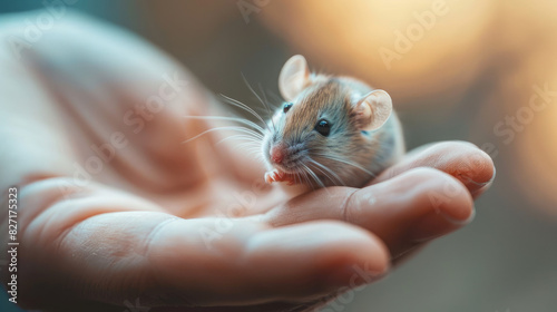 Scientist's hand holding a small lab mouse © adamu
