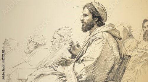 Biblical Illustration of Jesus Teaching in Synagogue, Authority and Knowledge of Scriptures, Beige Background, Copyspace