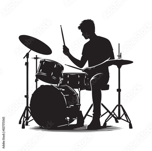 A drummer musician drumming drums in detailed silhouette