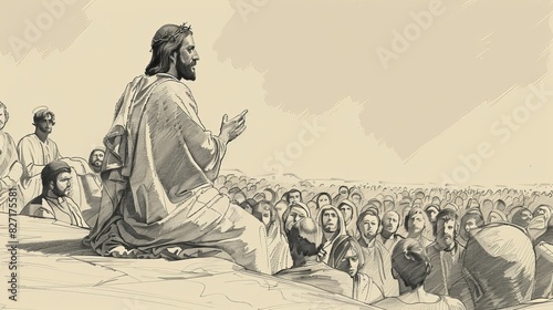 Jesus Teaching Beatitudes on Mount, Large Crowd Listening Attentively, Biblical Illustration, Beige Background, Copyspace
