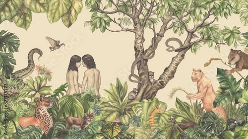 Biblical Illustration of Adam and Eve in the Garden of Eden with Lush Greenery, Animals, Tree of Knowledge, Serpent, Beige Background, and Copyspace
