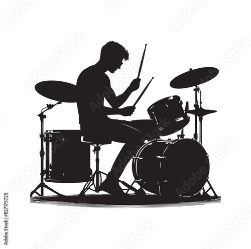 A drummer musician drumming drums in detailed silhouette