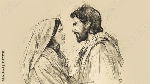 Jesus and Woman Caught in Adultery, Writing in Dust, Accusers Walking Away, Biblical Illustration, Beige Background, Copyspace