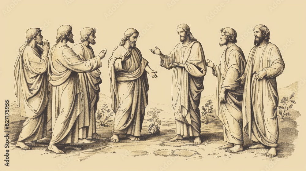 Fototapeta premium Biblical Illustration of Jesus Explaining Parable of Sower to Disciples, Different Types of Soil, Beige Background, Copyspace