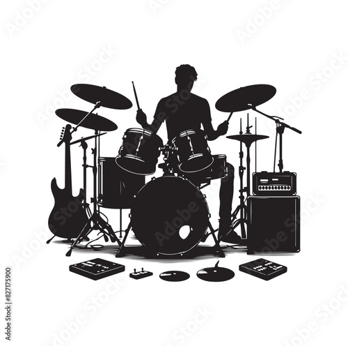 A drummer musician drumming drums in detailed silhouette