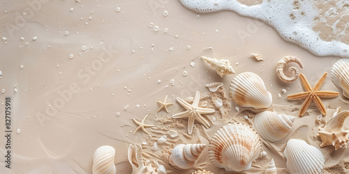 A sandy background adorned with seashells providing ample room for a copy space image. A beach cosmetics sale. Stage beauty skin shop water placement theme ad template mockup travel.