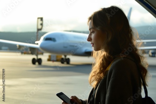woman looks out to jet on tarmac, at airport