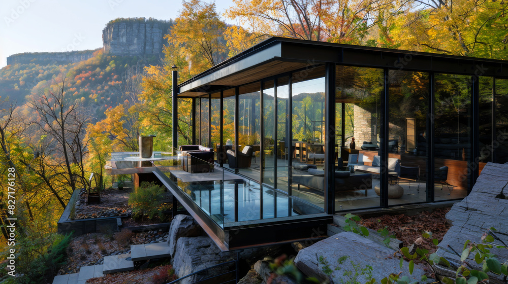 Modern architecture of a house with a frame deep in the mountains, cliffs and forests. Villa design with panoramic windows. Architecture and style concept. Modern architecture of a house with a frame deep in the mountains, cliffs and forests. Villa design with panoramic windows. Architecture and style concept.