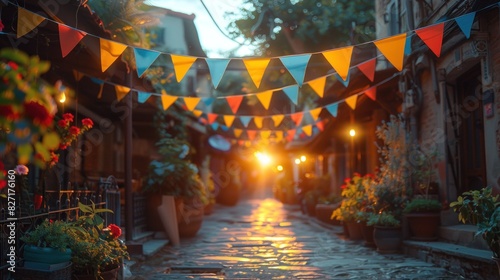 Create a blank fabric banner mockup hanging on a fence with a festival scene in the background