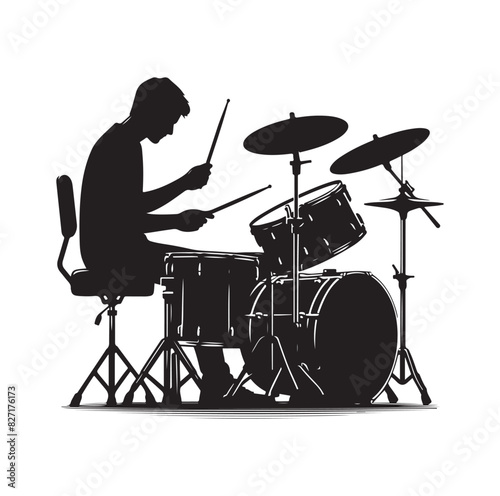 A drummer musician drumming drums in detailed silhouette