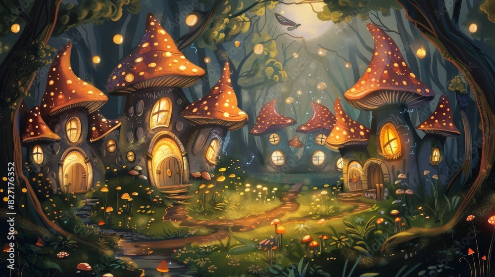 Fairytale forest with glowing mushrooms and fairy houses, Whimsical, Illustration Fairytale forest with glowing mushrooms and fairy houses, Whimsical, Illustration
