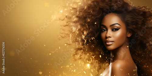 Women faces horizontal copy space on gold background fashion concept. AI Girl with luxury and premium illustration for advertising product design.