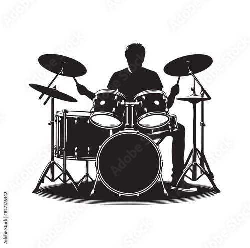 A drummer musician drumming drums in detailed silhouette