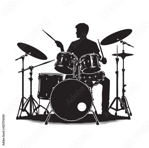 A drummer musician drumming drums in detailed silhouette
