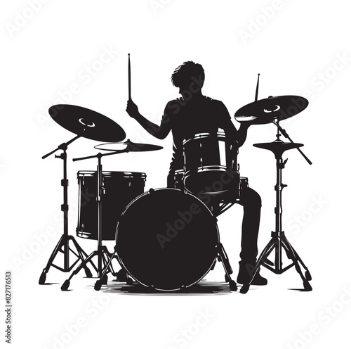 A drummer musician drumming drums in detailed silhouette