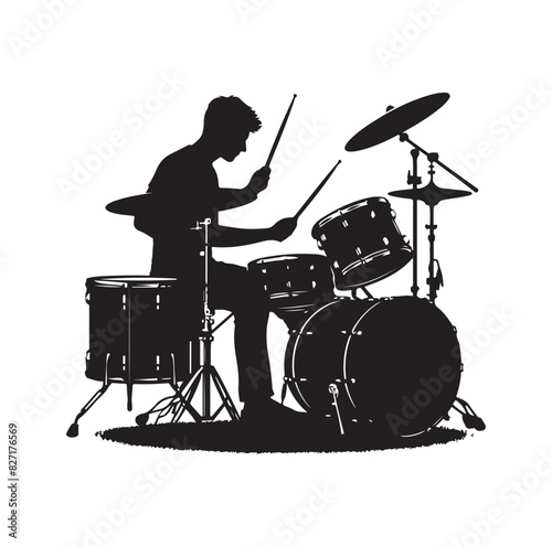 A drummer musician drumming drums in detailed silhouette