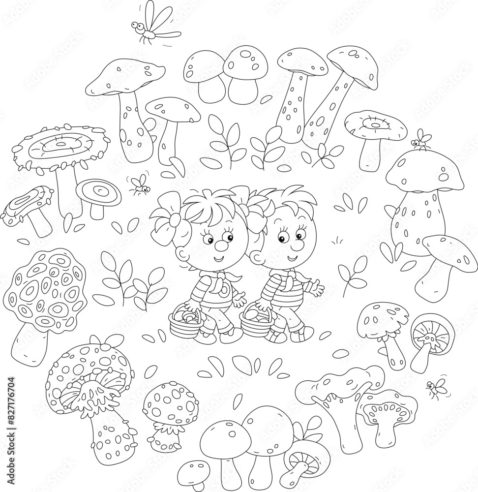 Funny little girl and boy mushroomers walking with baskets and gathering edible mushrooms on a pretty forest glade on a summer vacation, black and white vector cartoon illustration for a coloring book