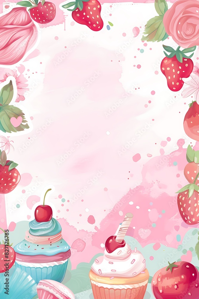 Naklejka premium Pastel Girly Invitation Template with Cute Cartoon Illustrations and Blank Space in Center for Customization