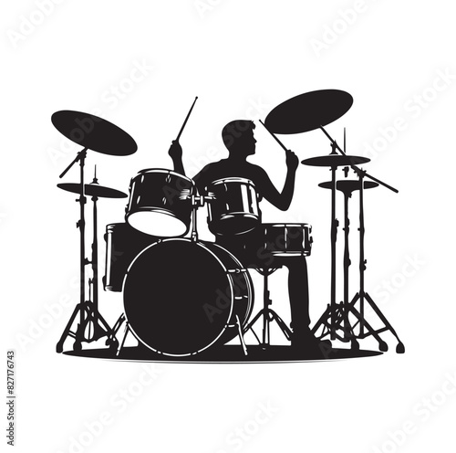 A drummer musician drumming drums in detailed silhouette