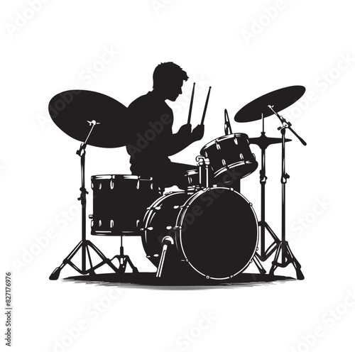 A drummer musician drumming drums in detailed silhouette