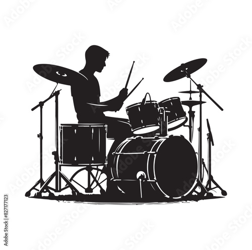 A drummer musician drumming drums in detailed silhouette