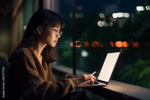 young woman working with laptop at night