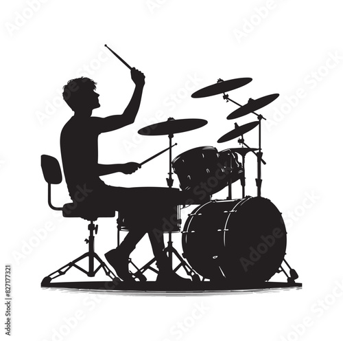 A drummer musician drumming drums in detailed silhouette