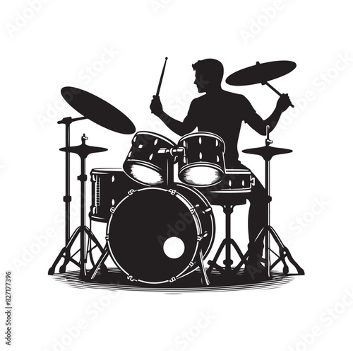 A drummer musician drumming drums in detailed silhouette