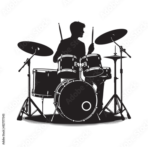 A drummer musician drumming drums in detailed silhouette
