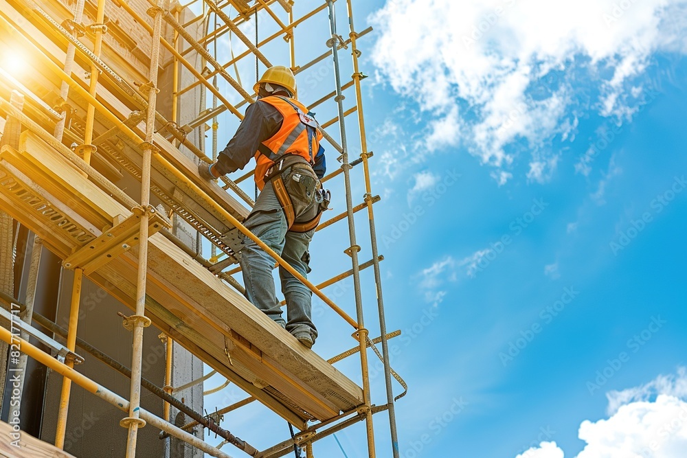 © Boraryn - Construction worker climbing a scaffold on a bright day