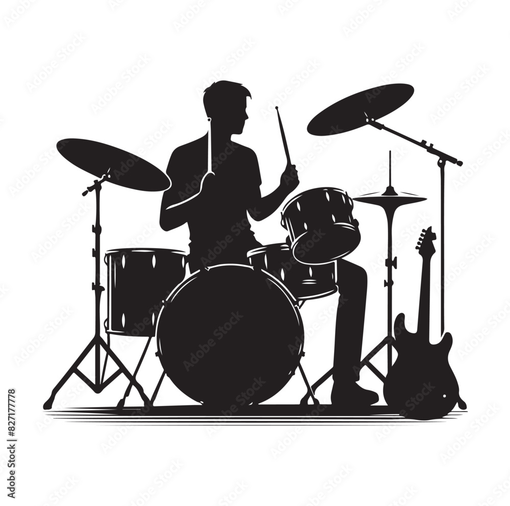 Fototapeta premium A drummer musician drumming drums in detailed silhouette