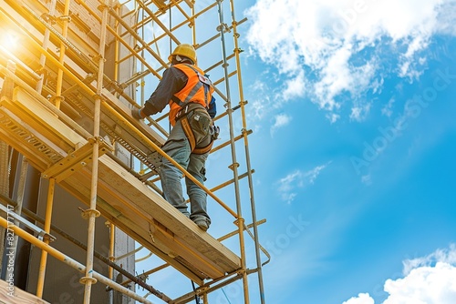 Construction worker climbing a scaffold on a bright day photo