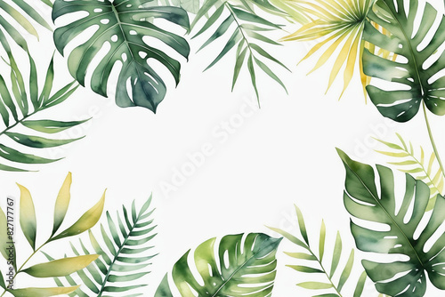 watercolor painting copy space collection of tropical leaves on plain white background