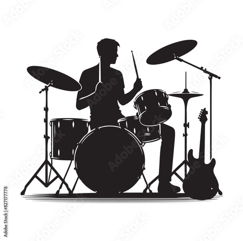 A drummer musician drumming drums in detailed silhouette