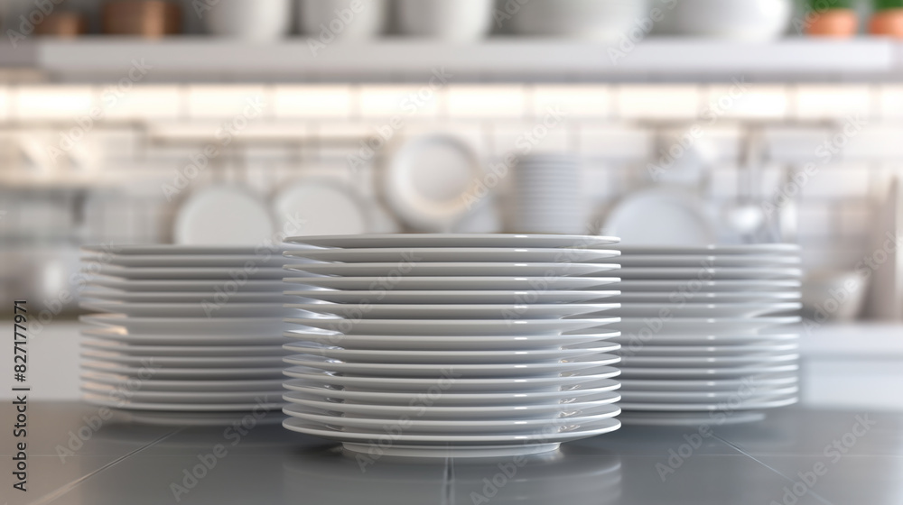 Stacks of White Plates on Kitchen Counter. Clean White Plates Arranged in Piles