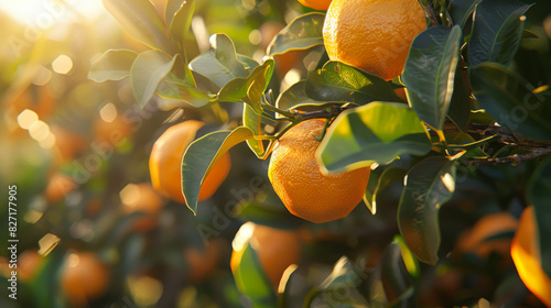 Close-up of ripe oranges growing in an orange grove. A bunch of orange trees. Fruit, gardening concept. photo