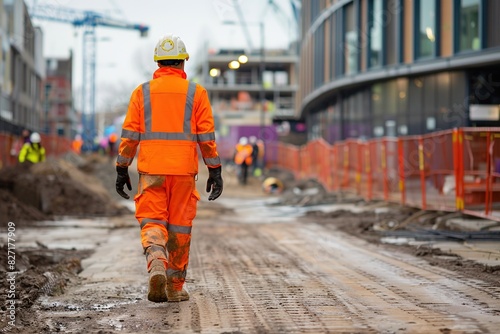 Construction worker in high visibility uniform walking on a construction site